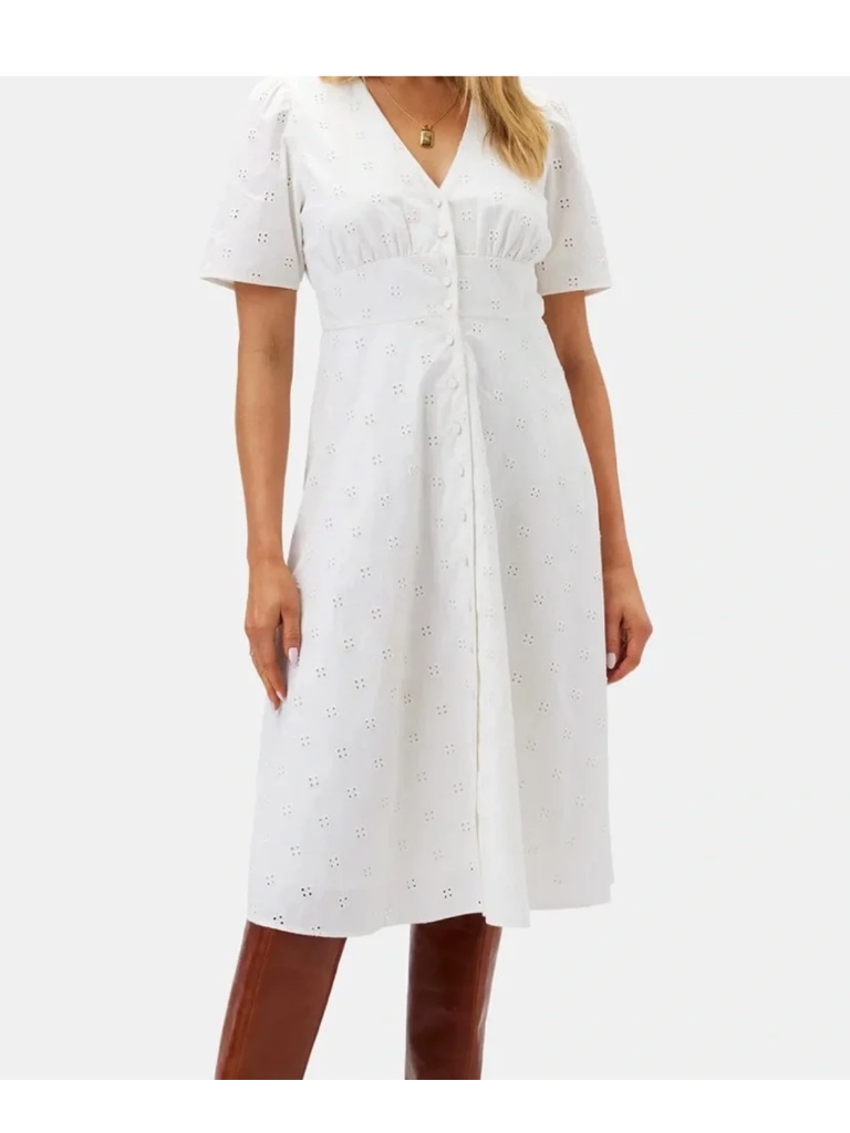 Nwt!! Amour Vert White Organic Cotton, Eyelet Short Sleeve Midi Dress (M)